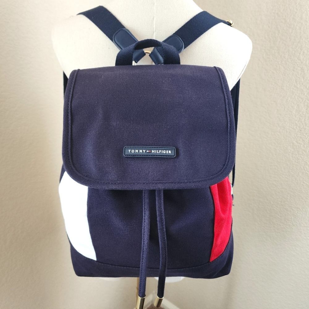 Tommy Hilfiger colorblock canvas flap backpack. Red white and blue. Rare